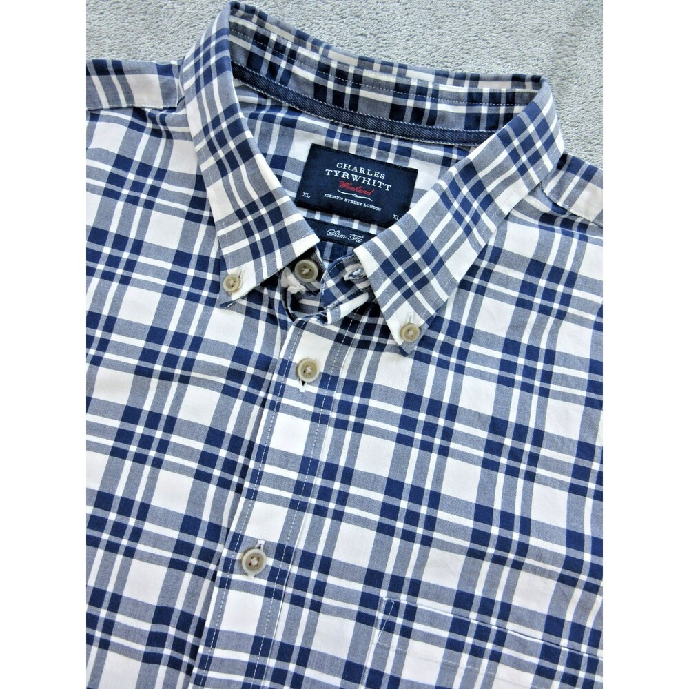 Charles Tyrwhitt Shirt Men's Sz XL Weekend Slim Fit Buttoned Down Plaid Blue